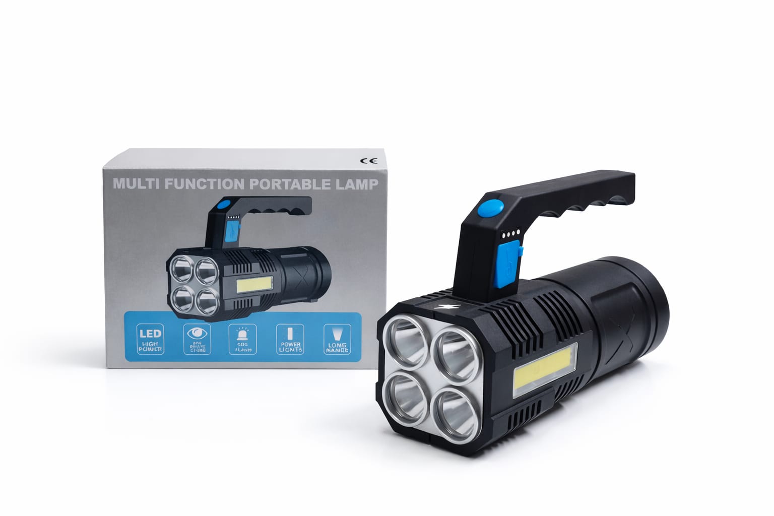 Multifunktionale LED-Handlampe mit 4 Frontleuchten und COB-Seitenlicht